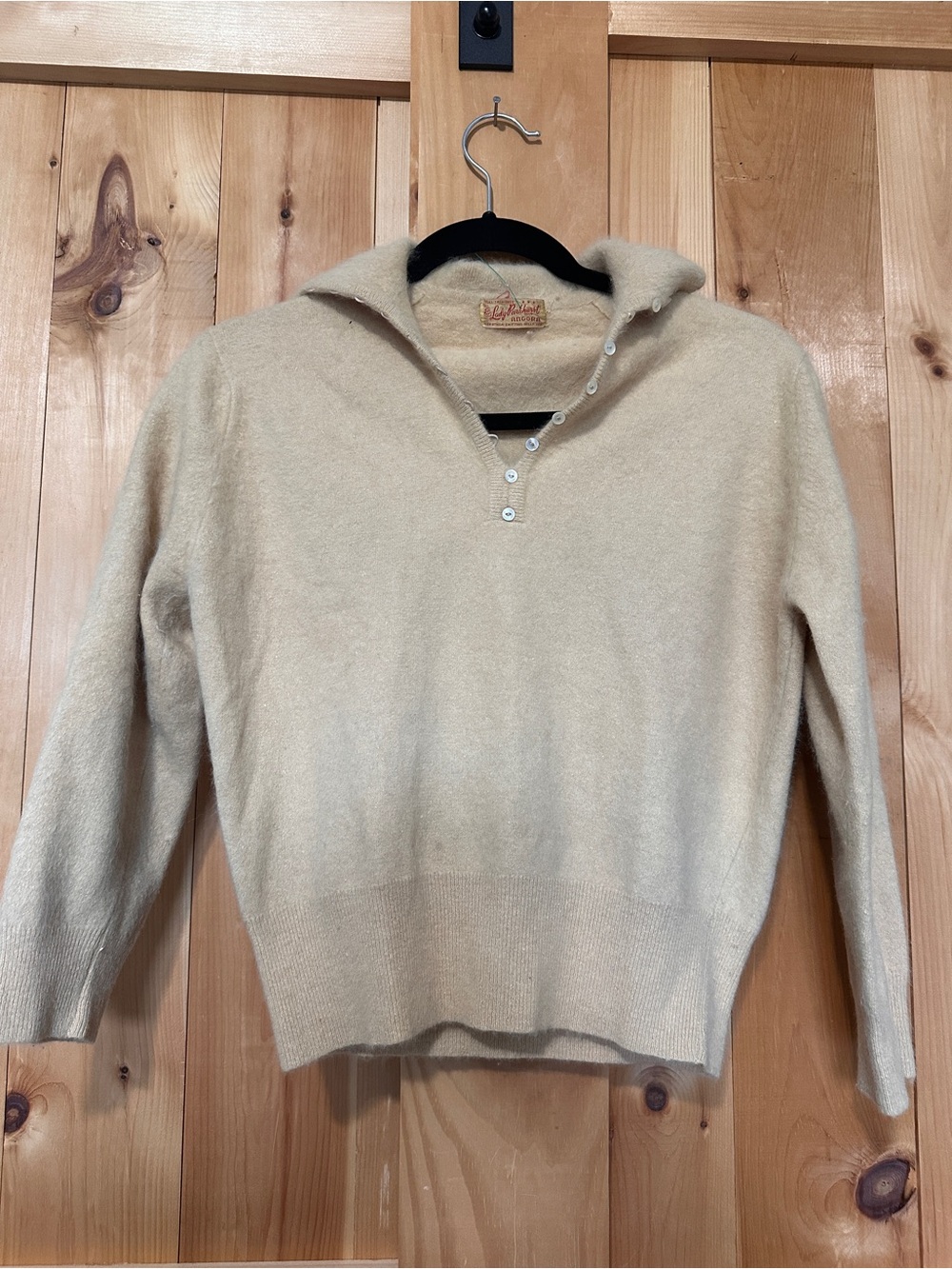 Vintage Lady Parkhurst Angora Wool Polo Sweater Beige Pearl Button Small